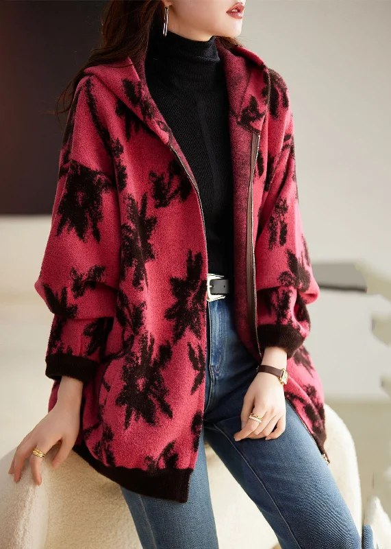 Modern Rose Print Zippered Thick Woolen Hoodies Coat Fall Hoodie with Drawcord Adjustable Secure