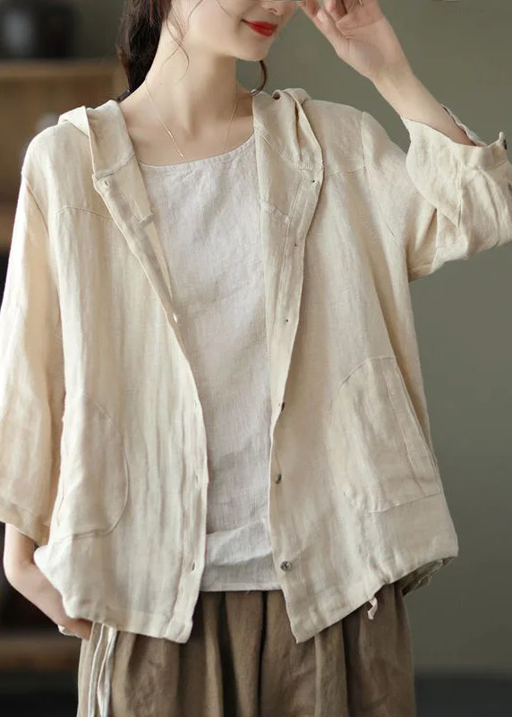 Natural Beige Pockets Patchwork Linen Hoodie Coat Summer Hoodie with Tie-Dye Psychedelic Retro