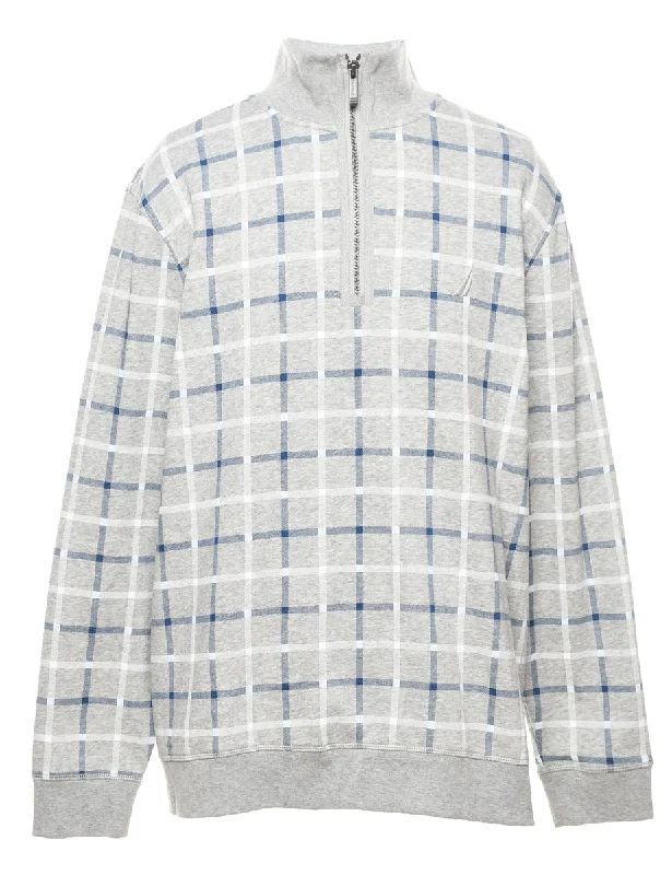Nautica Checked Light Blue, Grey & White Printed Sweatshirt - XL Hoodie with Hem Patch Decorative Personalized