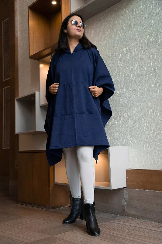 Navy Poncho Hoodie - Solid (Female) Hoodie with Full-Zip Functional Layering