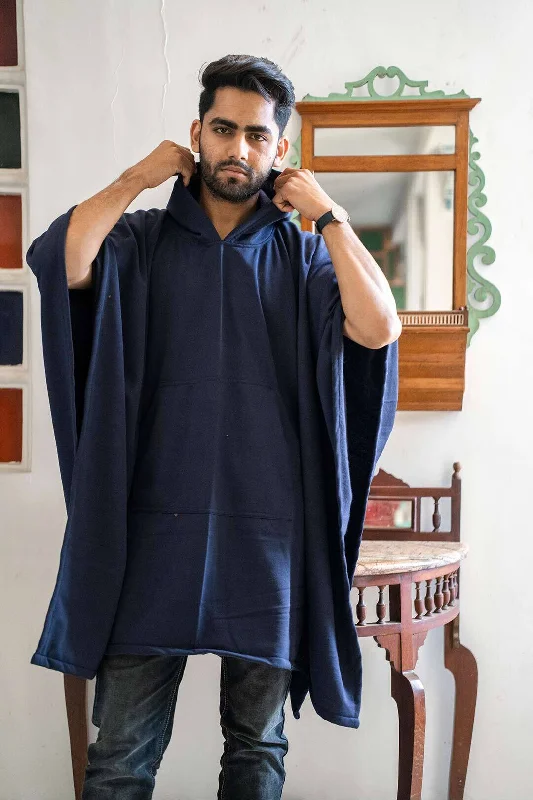 Navy Poncho Hoodie - Solid (Male) Hoodie with Hem Embroidery Detailed Premium