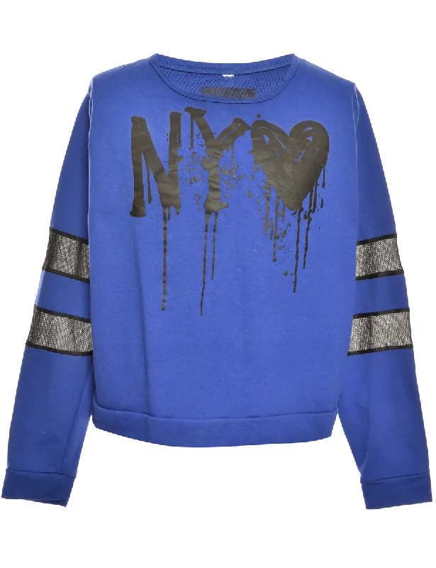 New York Blue Printed Sweatshirt - M Hoodie with Exposed Zipper Edgy Industrial