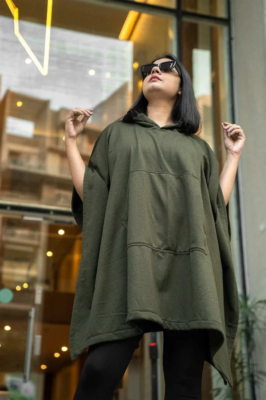 Olive Poncho Hoodie - Solid (Female) Hoodie Jacket Zipper Layering