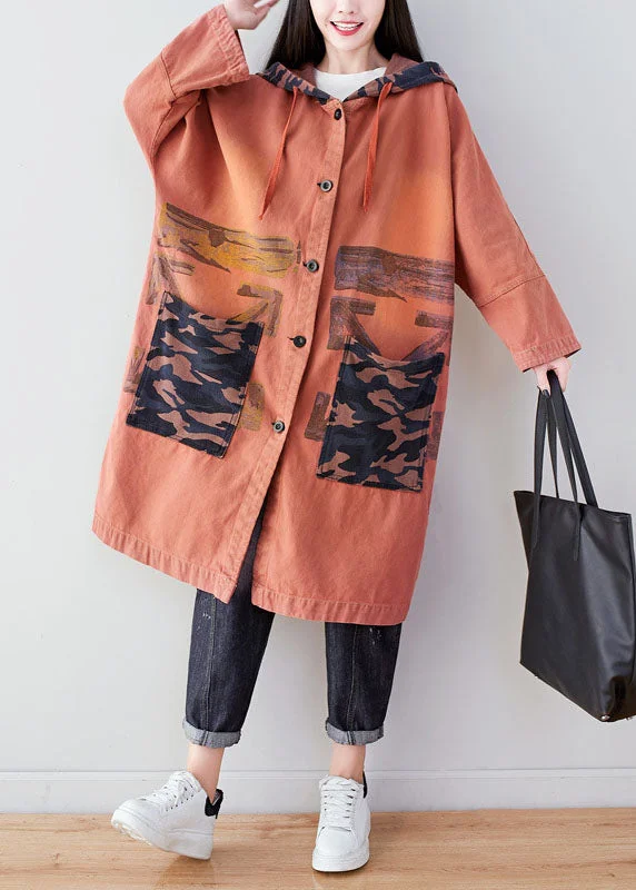 Orange Pockets Patchwork Print Cotton Hoodie Coat Spring Cotton Hoodie Fleece Lining Warmth