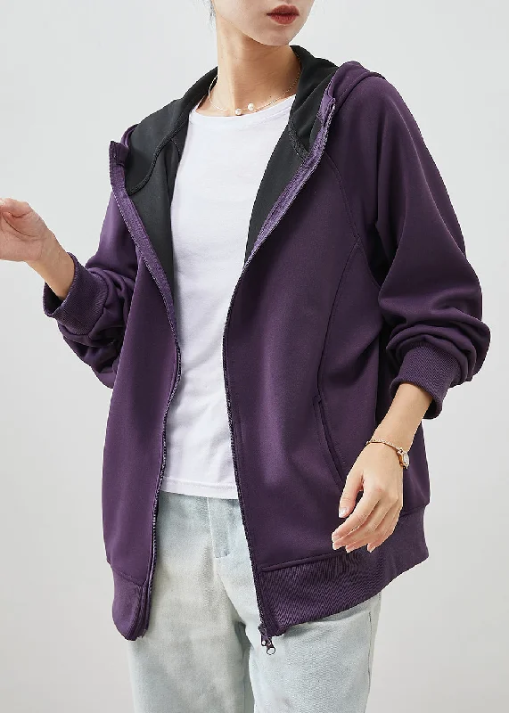 Organic Purple Hooded Cotton Sweatshirts Coats Spring Hoodie with Fur Luxurious Winter