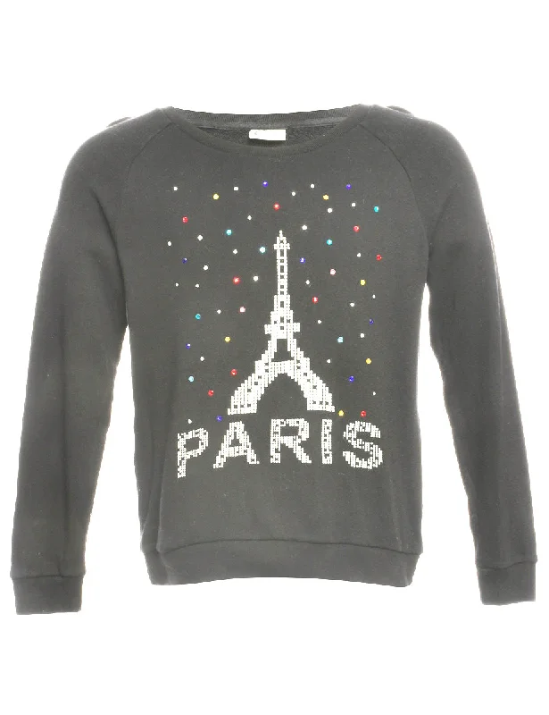 Paris Beaded Printed Sweatshirt - M Hoodie with Hem Ribbing Snug Secure