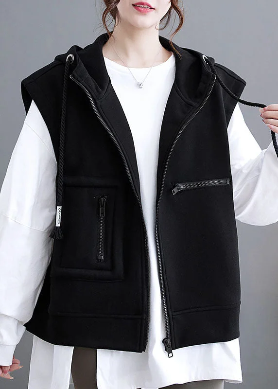 Plus Size Black Patchwork Pockets Hoodie Waistcoat Fall Hoodie with High Neck Warm Protective