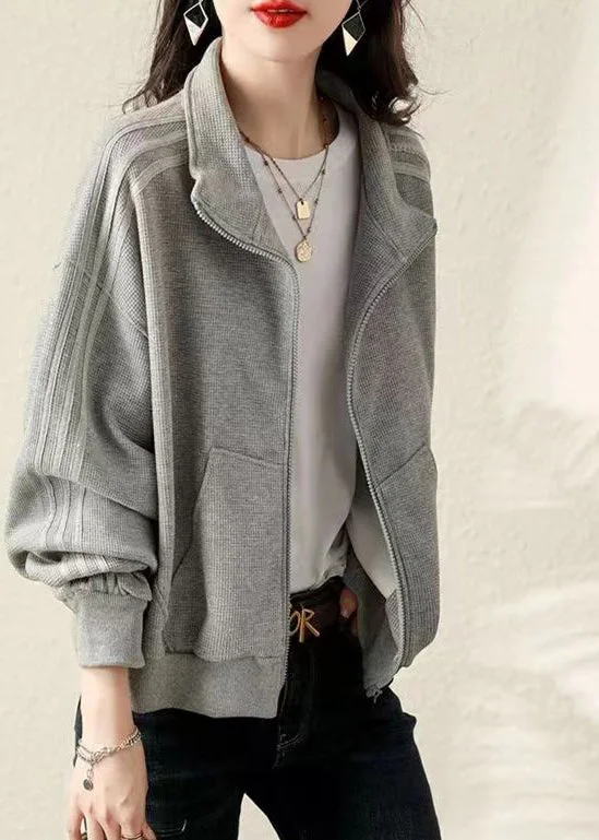 Plus Size Grey Oversized Cotton Sweatshirt Coat Fall Hoodie with Typography Text Message