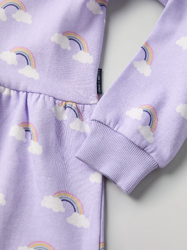 Rainbow Print Kids Sweatshirt Dress Hoodie with Half-Zip Sporty Casual