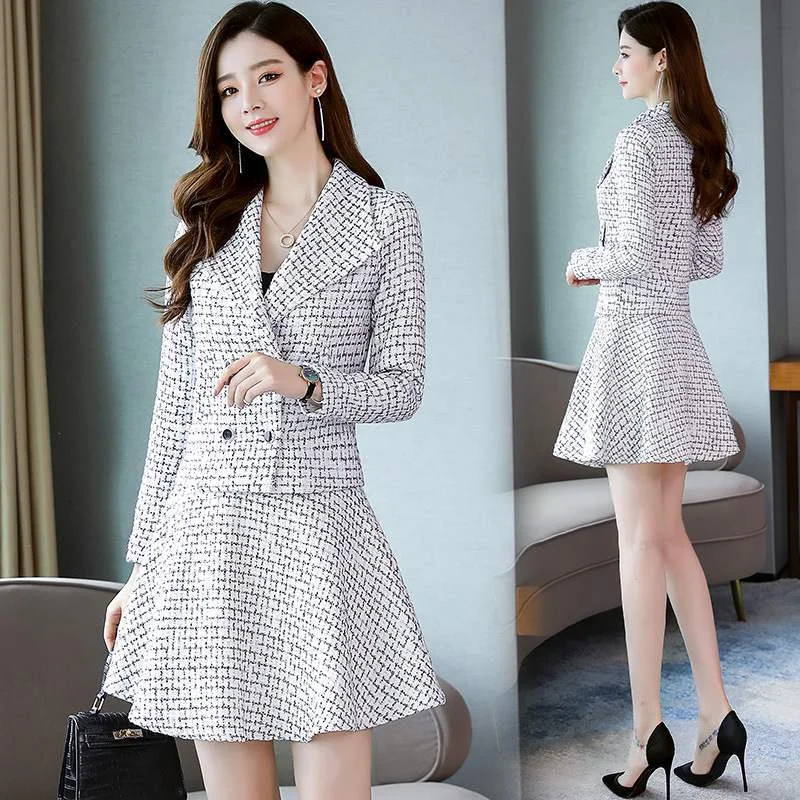 Runway 2 Piece Set Womens Vintage Skirt Suits for Ladies Office Clothing Korean Black White Plaid Jacket and Skirts Suit Women Boat Neck Shawl Collar Notched Collar Runway 2 Piece Set Womens Vintage Skirt Suits for Ladies Office Clothing Korean Black White Plaid Jacket and Skirts Suit Women Boat Neck Shawl Collar Notched Collar