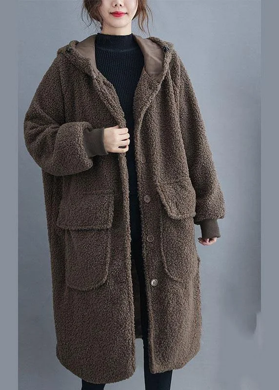 Simple Khaki hooded Pockets Button Winter Long sleeve parka Hoodie with Double Zipper Versatile Adjustable