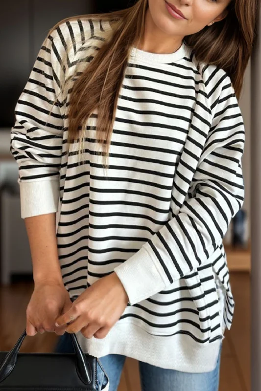 Slit Striped Round Neck Long Sleeve Sweatshirt Hoodie Crop Top Short Trendy