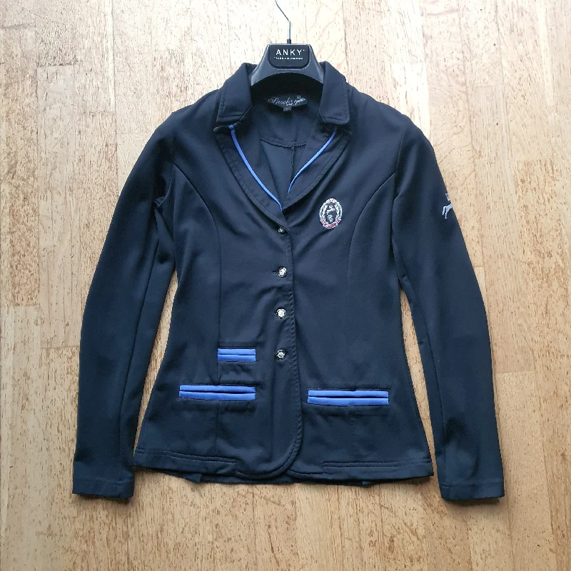 Spooks navy show jacket with blue detail ladies size 8 (Size S) Wool Fabric Cashmere Fabric Tweed Fabric Spooks navy show jacket with blue detail ladies size 8 (Size S) Wool Fabric Cashmere Fabric Tweed Fabric