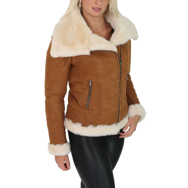 Super Luxurious Womens Real Sheepskin Jacket Aviator Coat Alexa Tan Zip Front Button Front Snap Front Super Luxurious Womens Real Sheepskin Jacket Aviator Coat Alexa Tan Zip Front Button Front Snap Front