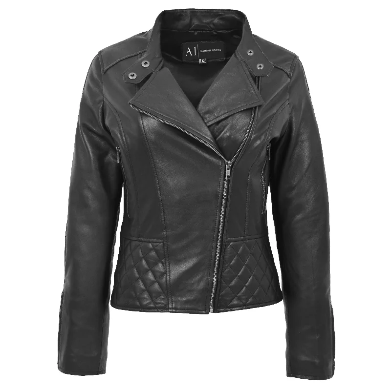 Trendy Black Leather Biker Jacket For Women Quilted Fitted Band Collar Penny Zip Front Button Front Snap Front Trendy Black Leather Biker Jacket For Women Quilted Fitted Band Collar Penny Zip Front Button Front Snap Front