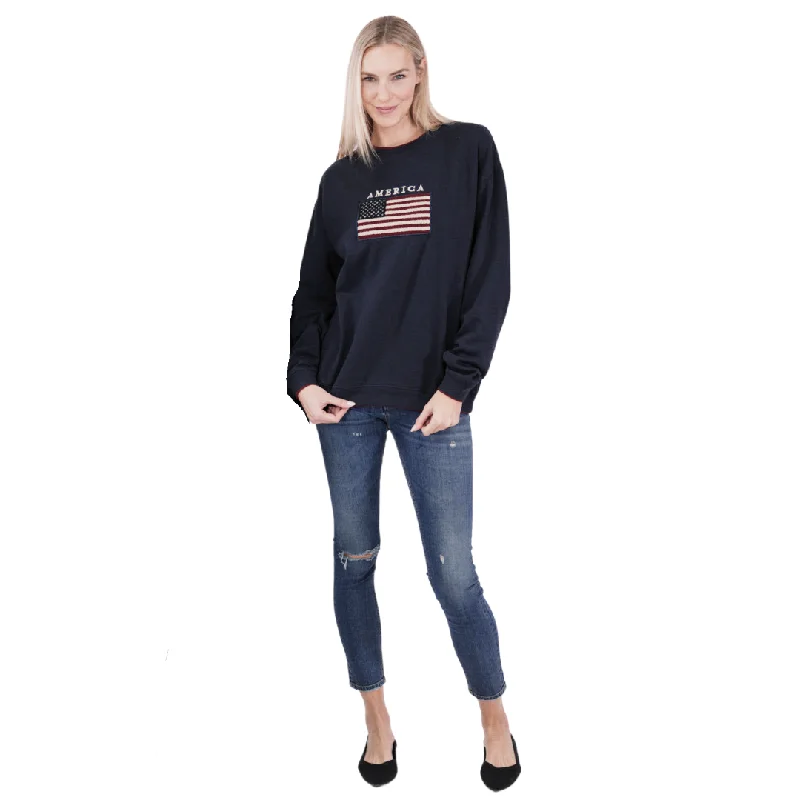Unisex American Flag Embroidered Crewneck Sweatshirt Hoodie with Frayed Bohemian Relaxed