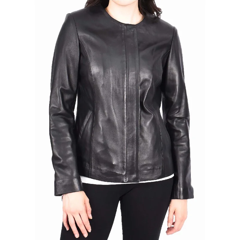 Women Black Leather Jacket Collarless Neckline Soft Fitted Zip Fasten Elena Faux Fur Jacket Real Fur Jacket Shearling Jacket Women Black Leather Jacket Collarless Neckline Soft Fitted Zip Fasten Elena Faux Fur Jacket Real Fur Jacket Shearling Jacket