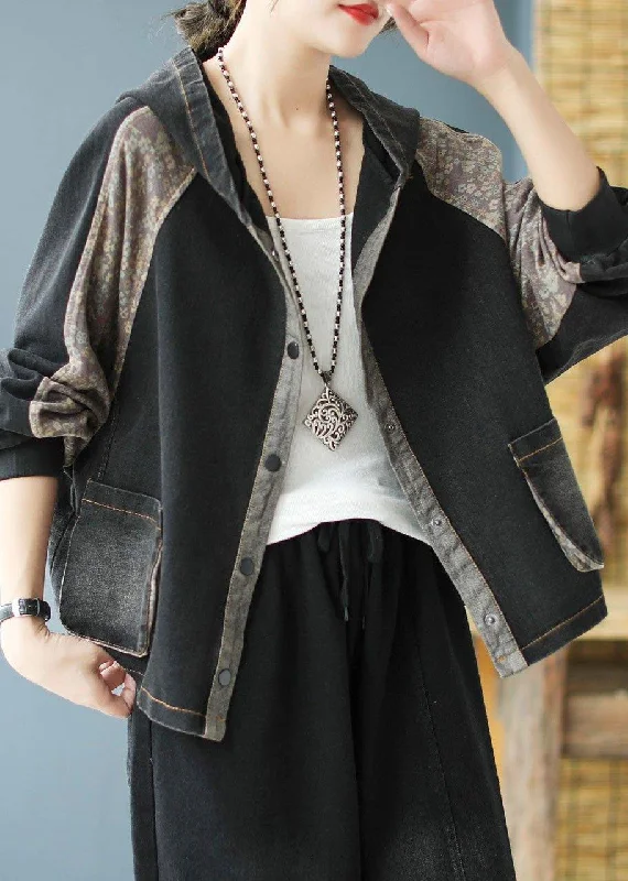 Women Black Print Patchwork Loose Fall Denim Hoodie Coat Hoodie with Monochrome Minimalist Simple