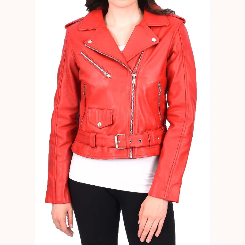 Womens Authentic Soft Leather Biker Jacket Slim Fit Jessie Red Front Pockets Side Pockets Patch Pockets Womens Authentic Soft Leather Biker Jacket Slim Fit Jessie Red Front Pockets Side Pockets Patch Pockets