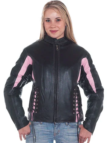 Womens Black & Pink Leather Racer Jacket With Multi Pockets Jersey Jacket Tulle Jacket Batik Jacket