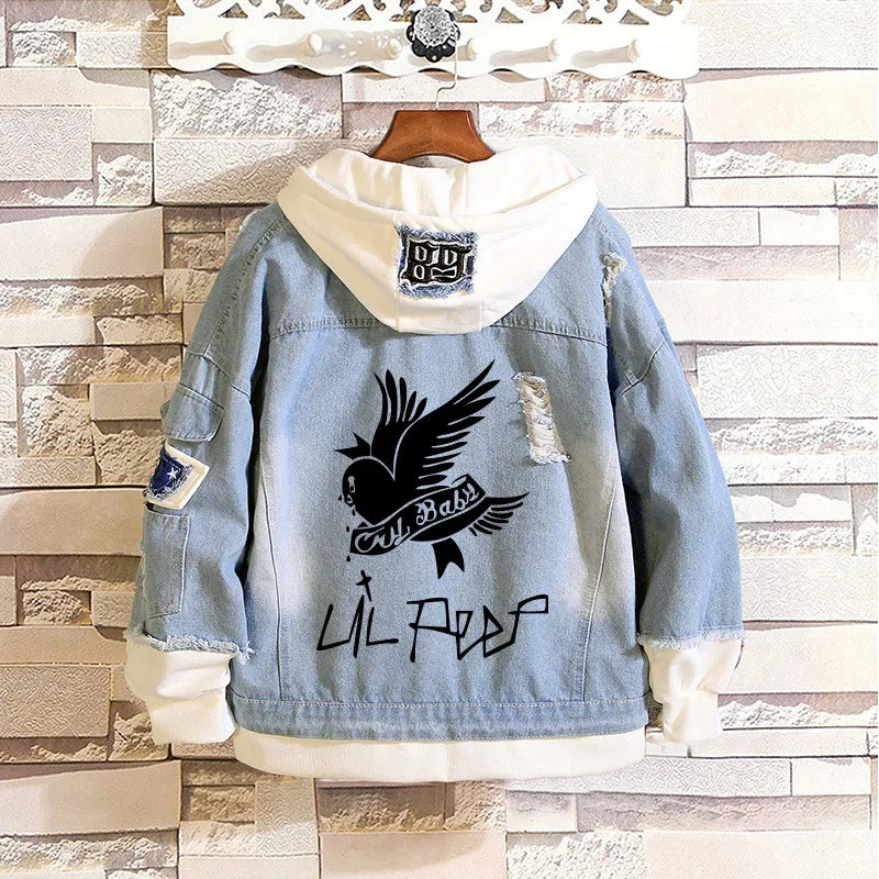 New Fashion Back Print Fake Two-Piece Loose Denim Jacket/Jeans Stitching Coat Tiered Jacket Buttoned Jacket Zippered Jacket New Fashion Back Print Fake Two-Piece Loose Denim Jacket/Jeans Stitching Coat Tiered Jacket Buttoned Jacket Zippered Jacket