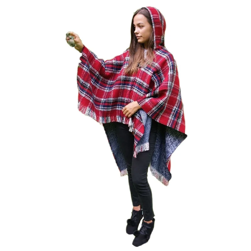 Ladies Hooded Tartan Poncho - Red Hoodie with Gradient Ombre Colorful