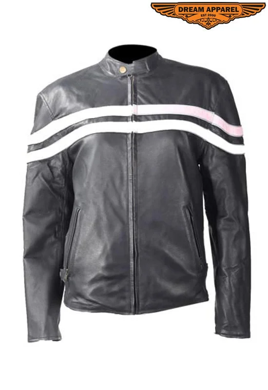 Womens Leather Jacket With Cream & Pink Stripes Hoodie Zip-Up Jacket Button-Up Jacket Womens Leather Jacket With Cream & Pink Stripes Hoodie Zip-Up Jacket Button-Up Jacket