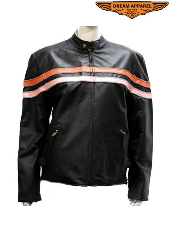 Womens Leather Jacket With Orange & Pink Racing Stripes Snapped Jacket Toggled Jacket Drawstring Jacket Womens Leather Jacket With Orange & Pink Racing Stripes Snapped Jacket Toggled Jacket Drawstring Jacket