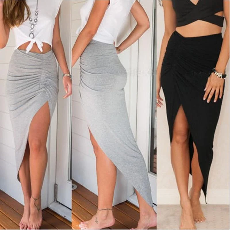 2023 Sexy Irregular Skirts Women Summer Charm Split Long Skirt Slit Party Bodycon Skirt Gray Black Office Lady Skirts corduroy skirt durable