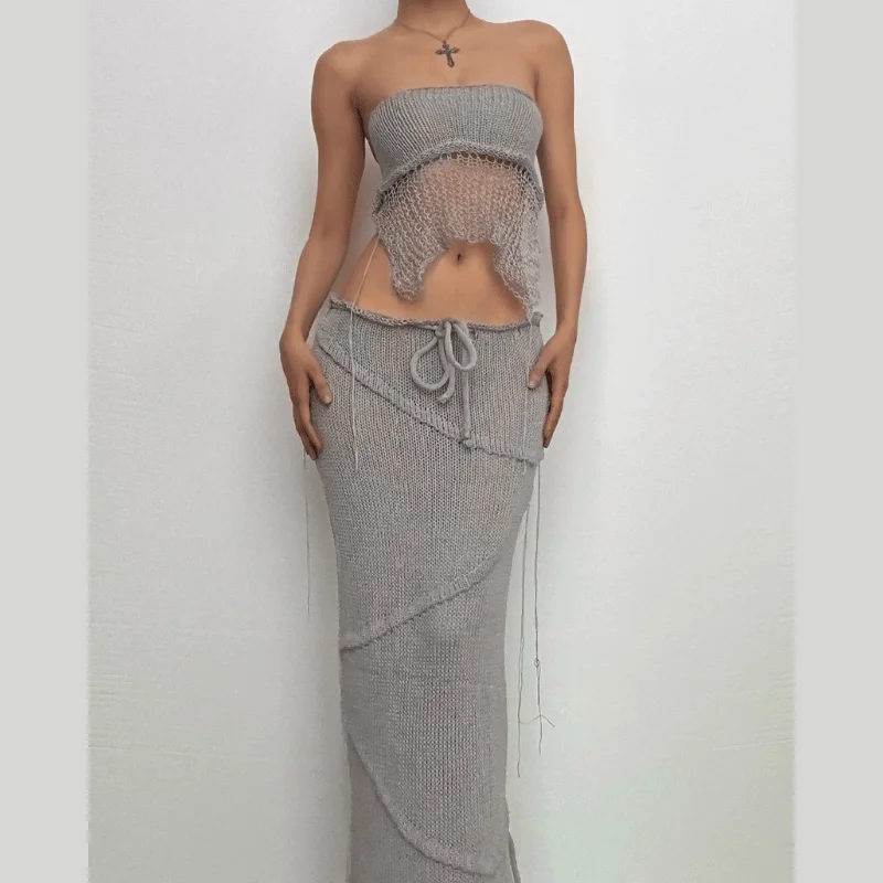 Backless self tie slit solid tube knitted maxi skirt set elastic waist skirt