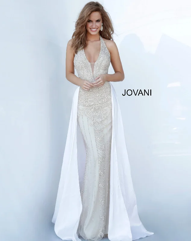 Beaded Halter Overskirt Gown by Jovani 3698 asymmetrical skirt cut