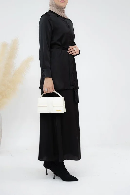 Black Blouse Skirt Modest set maxi skirt with elasticated waistband maxi sleeve buttoned shirt with a detachable belt linen skirt natural