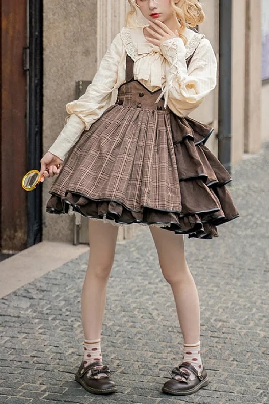 Brown Sherlock Detective Ruffle Color Matching Gothic Lolita Strap Skirt velvet skirt luxury