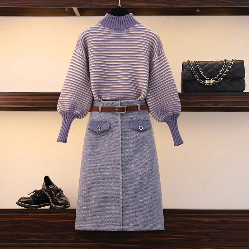 Fashion Autumn Winter Knit Set Two Piece Turtlneck Stripe Pullover Sweater + Midi Wool Skirt 2PCS Coat Set Elegant Suit Women corduroy skirt cozy