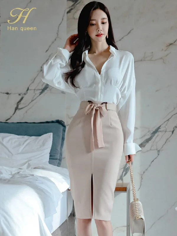 H Han Queen Women 2023 Spring OL Work Wear 2 Pieces Set White Blouses & Lace-Up Sheath Pencil Bodycon Skirt Chic Female Clothing cotton skirt soft