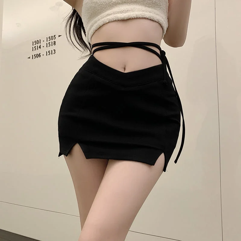 High waist black slit bag hip skirt YV47174 leather skirt modern