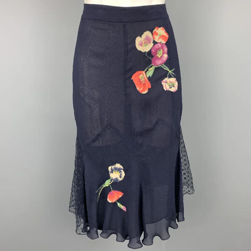 JIL STUART Size 6 Navy Floral Silk Lace Panel Skirt midi skirt versatile