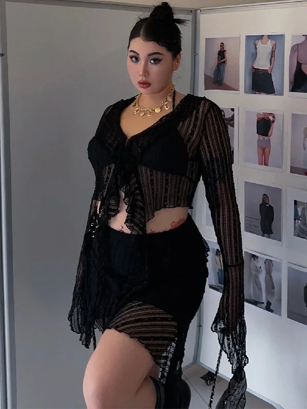 Kiara Plus Size Solid Color Sheer Plus Size V-neck Tulle Long Sleeve Cropped Top + High Waist Sheer Mini Skirt Matching Set lace skirt elegant