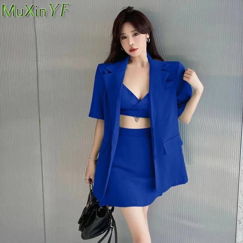 Office Lady Korean Sexy Crop Tops Mini Skirts Blazers Outfits Women Solid Blue Short Sleeve Suit Jacket Vest Bodycon leather skirt refined