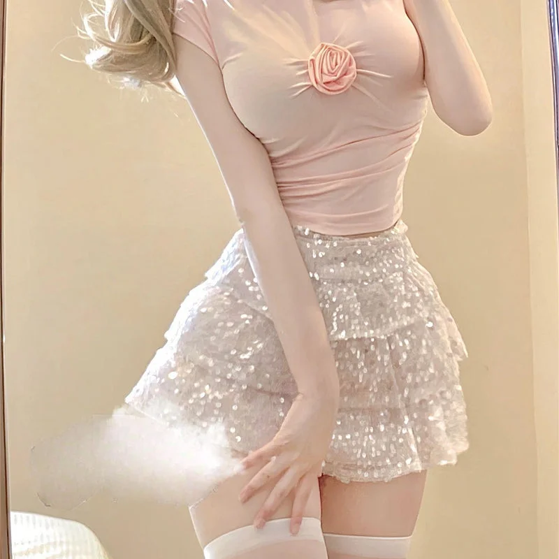 Pink flower T-shirt + sequin skirt yv31675 lace skirt intricate