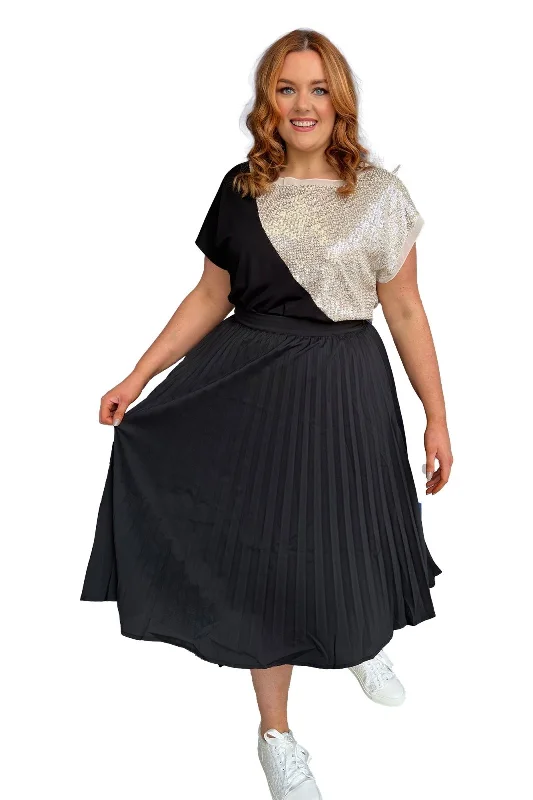 Pleated A Line Plus Size Black Midi Skirt chiffon skirt flowing