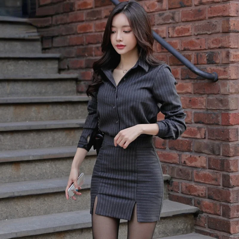 Queen Skirt Suits Womens Elegant Stripe 2 Pieces Sets Long-Sleeved Shirt Crop Top + Sheath Bodycon Pencil Skirt silk skirt lustrous