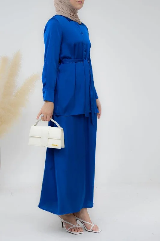 Royal Blue Blouse Skirt Modest set maxi skirt with elasticated waistband maxi sleeve buttoned shirt with a detachable belt corduroy skirt durable