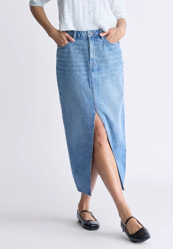 High Rise Samantha Women's Denim Skirt, Sanded Medium Indigo - BL16008 silk skirt smooth