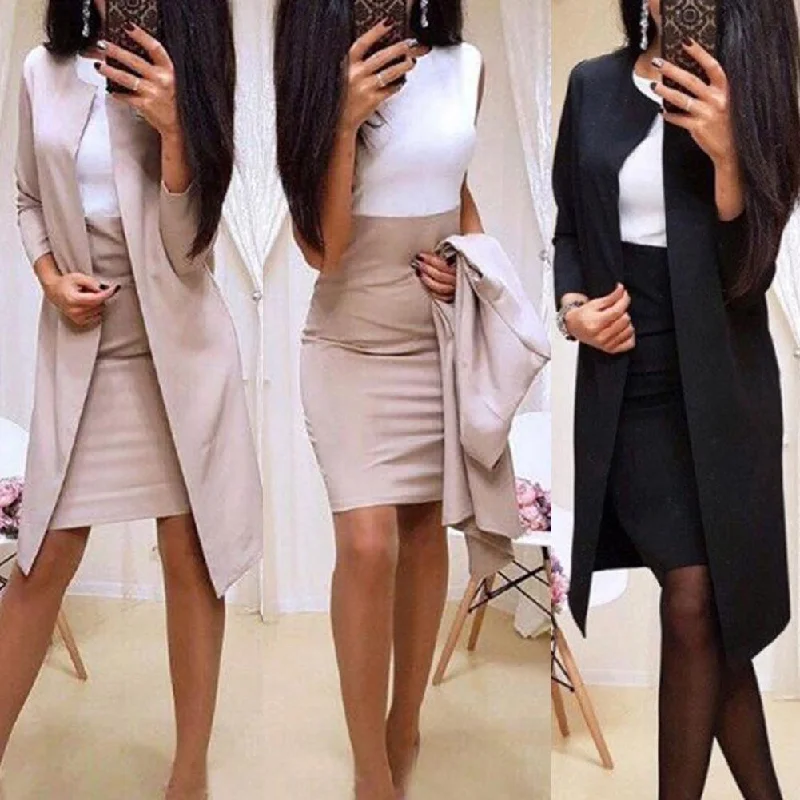 Sell 2pcs Suits With Skirt Office Lady Autumn Solid Color Long Blazer Jacket Bodycon Mini Skirt Suit  Mini Skirt Suit chiffon skirt floaty