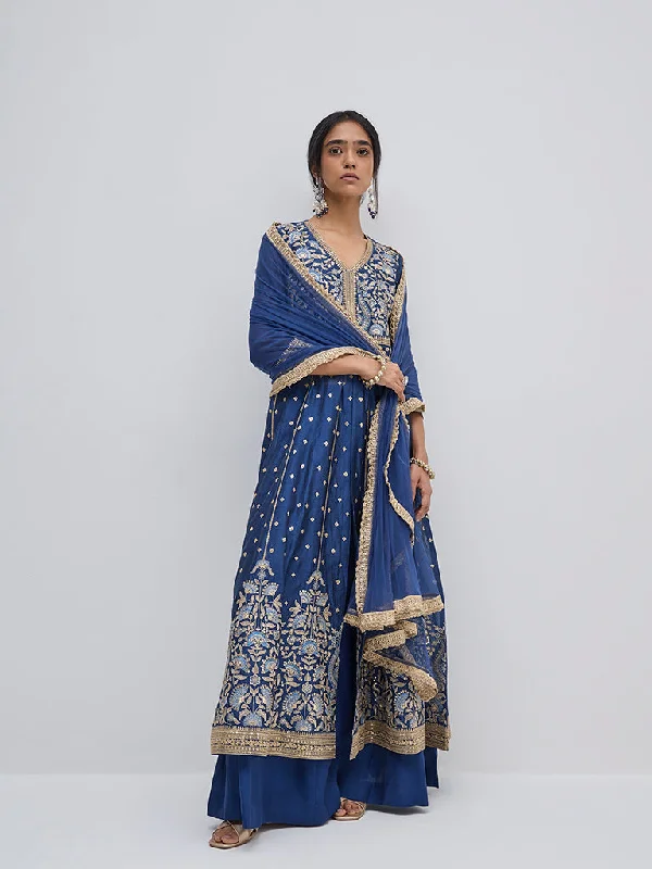 Vark Blue Embroidered Kurta, Skirt and Dupatta Set linen skirt natural