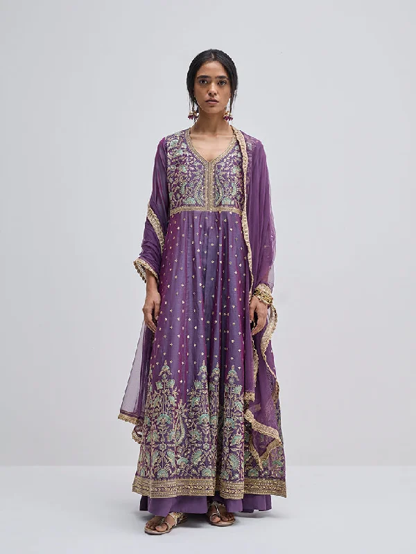 Vark Purple Floral Embroidered Kurta, Skirt and Dupatta Set chiffon skirt airy