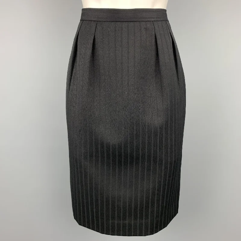 Vintage YVES SAINT LAURENT Rive Gauche Size 10 Black Stripe Twill Pleated Pencil Skirt wool skirt warm