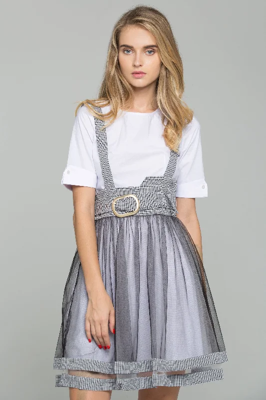 White Cotton Gauntlet Sleeve Shirt and Black Chiffon Gingham Pinafore Belted Skirt Set linen skirt natural