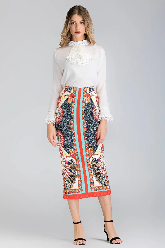 White Pleated Gabot Top and Printed Pencil Skirt Set silk skirt luxurious